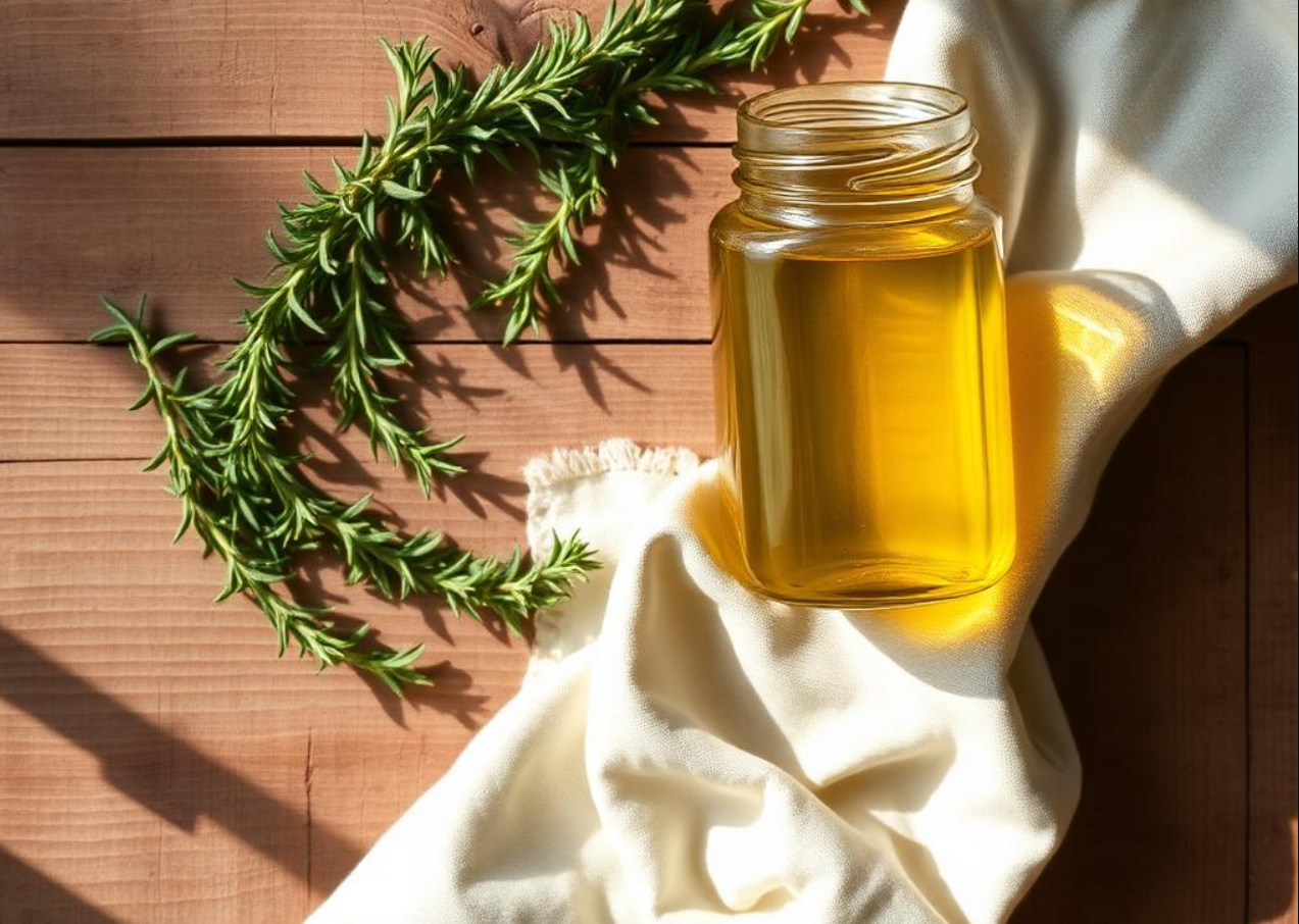 Rosemary oil infusion steeping in a mason jar on a kitchen windowsill